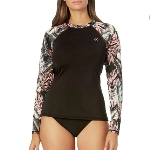 HurleyRash Guard Swim Top Black and Pink Long Sleeve Top - Picture 1 of 5